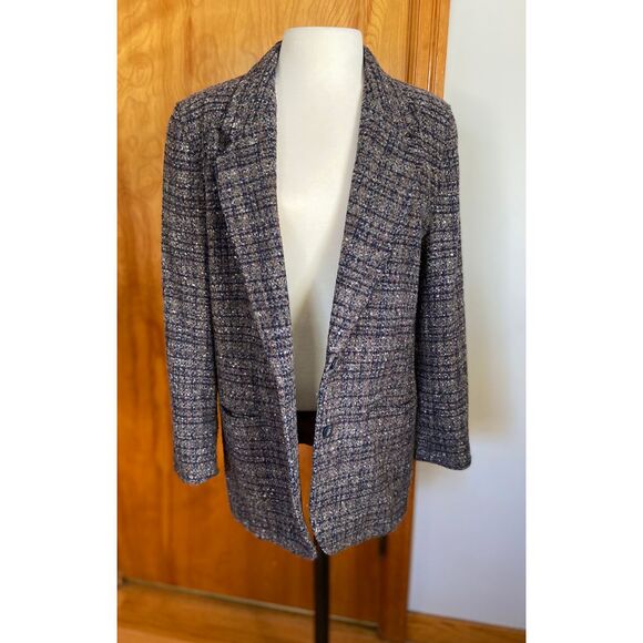 90s Liz Wear 12 Petite Wool Tweed Plaid Blazer Sport Coat Jacket Gray Navy Brown - Picture 2 of 14